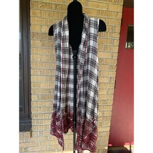 Johnny Was Womens Large Plaid Duster Embroidered Sleeveless Long Vest Top Tunic
